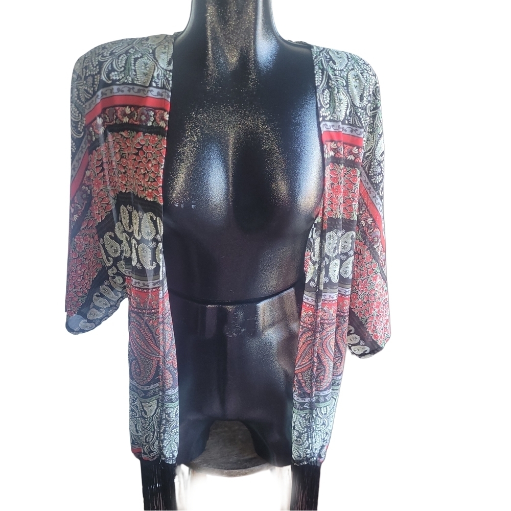 Papillon Paisley Open-Front Kimono in Red and Black with Tasseled Hem M